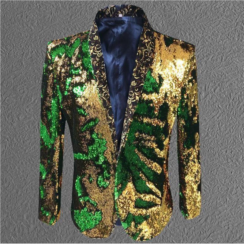 

jacket sequin Gold Green Blazer men Suit Coat Male Costume Prom Wedding Groom Outfit Singer Black Party Stage, Gold yellow