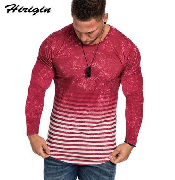 

New Autumn And Winter Men's T-Shirt Men's Casual Long-Sleeved Tops Round Neck Slimming Gradient Color Striped T-Shirt Tops, Black