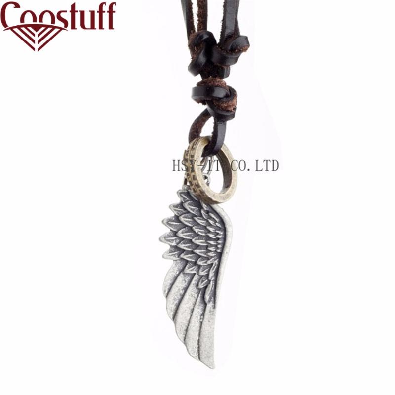 

maxi necklace men, jewelry, Genuine Leather Necklaces, Vintage Angel Wing pendant, collier collares choker necklace women, Silver