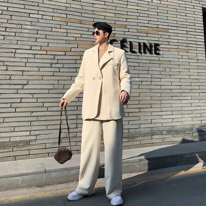 

Men 2 Pieces Vintage Corduroy Casual Suits Sets Male Streetwear Fashion Show Suit Coat Elastic Waist Pant Stage Clothing, 679