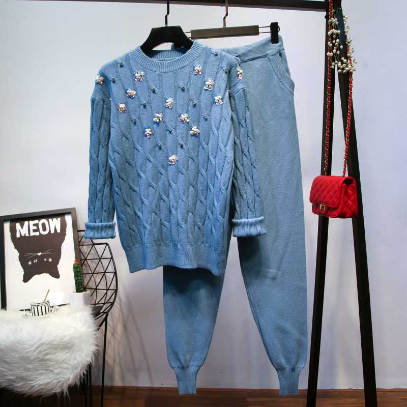 

Amolapha Women 3D Flower Beads Knit Sweater Pullovers+Pants Two pieces Sets Knit Wool Blends Trousers Clothing Sets, Blue