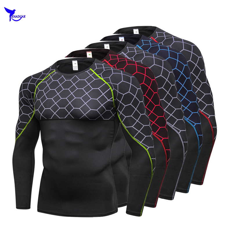 

Base Layer Long Sleeve Grid Printed Sports Tight T-Shirt Men's Compression Fitness Shirts Running Gym Rashguard Sportswear Tops, Blue net blue line
