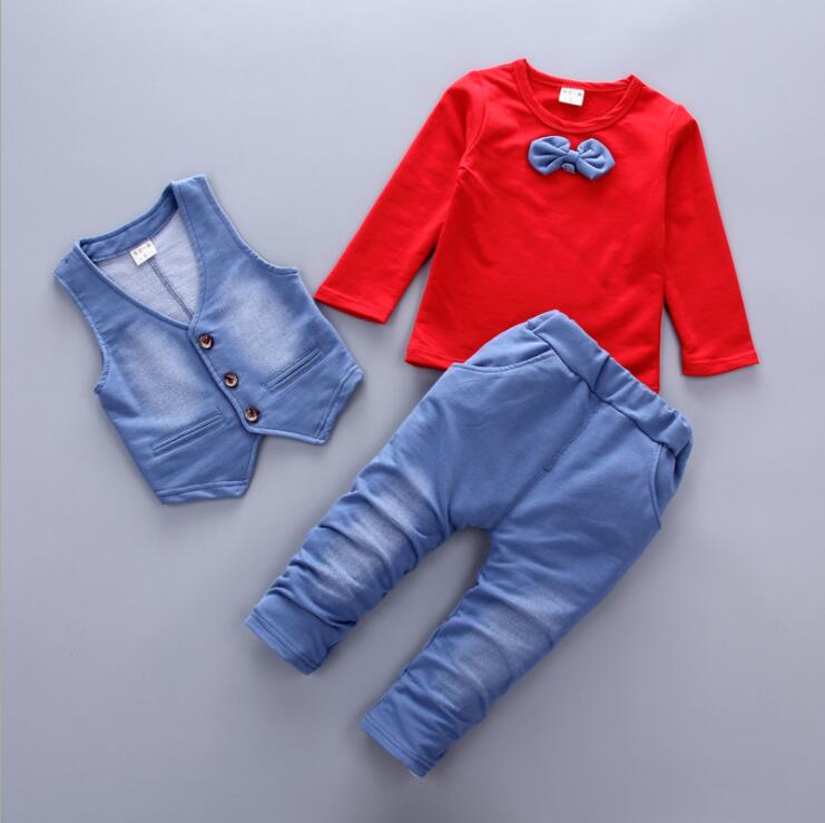 

New Baby Boy Clothing Sets 2020 Autumn Infant Clothes Suits Star Denim Vest T Shirt Jeans Casual 3PCS/SET Children Costume, Red