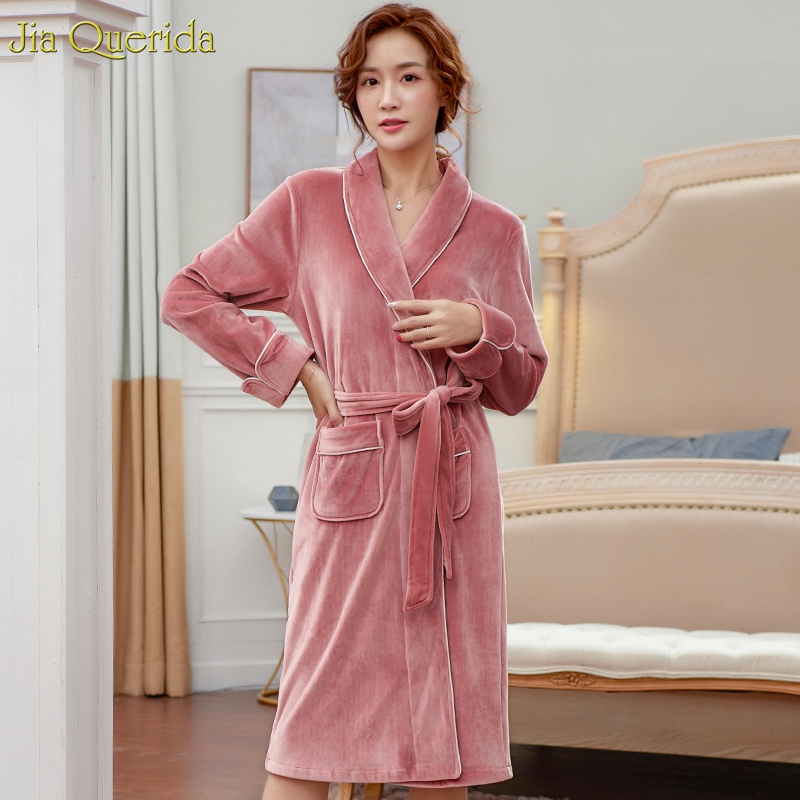 

Pink Plus Size Women Velvet Robe Lovely Night Gown Quality Luxury Wedding Robe Long Sleeve Bridesmaids Kimono Couple Robes, 88653-a