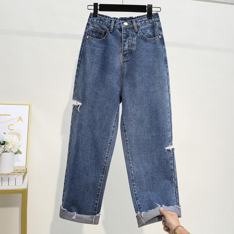 

COCOEPPS Autumn Plus Size Hole Straight Jean Women High Waist Casual Loose Denim Pant Large Size Wide Leg Jean Trousers 4XL 5XL, Blue