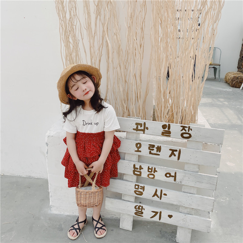 

Summer New Arrival Korean style cotton letters printed matching cake princess short sleeve dress for cute sweet baby girls, Red