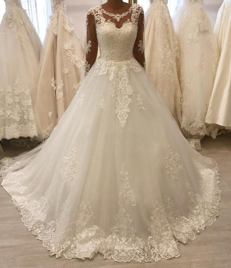 

African Long Sleeves Lace Wedding Dresses with Appliques Jewel Neck Court Train Tulle Beach Wedding Bridal Gowns Vestios De Novia, White
