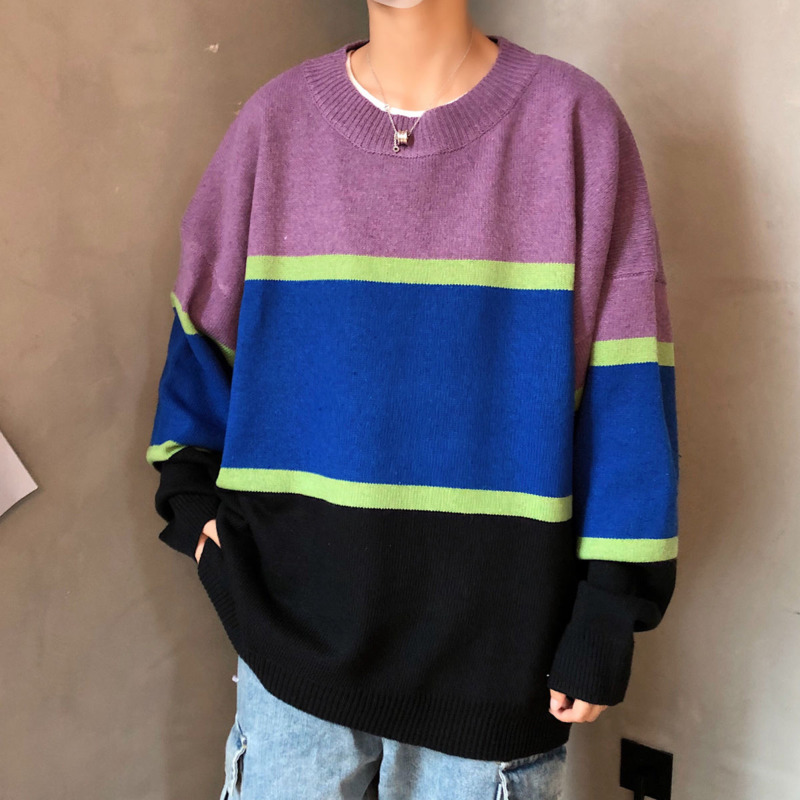 

Autumn Sweater Men's Warm Fashion Contrast Color Casual Knit Pullover Men Streetwear Loose Korean Knitting Sweaters Mens Clothes, Khaki
