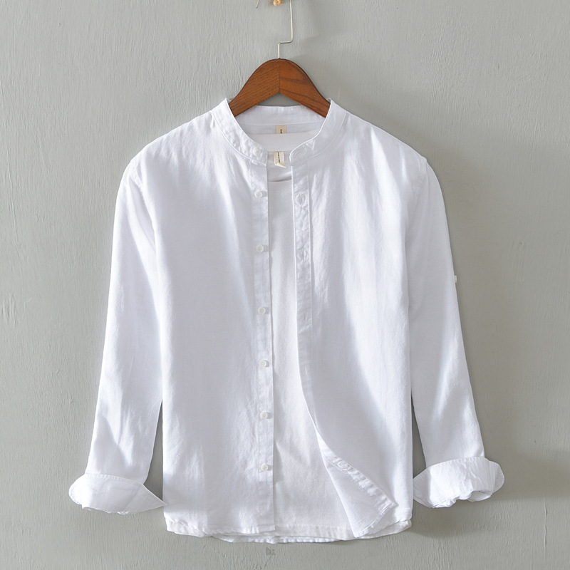 

2020 autumn and summer new Men's long sleeve shirt Cotton linen stand collar casual shirt Comfortable and breathable slim, Khaki