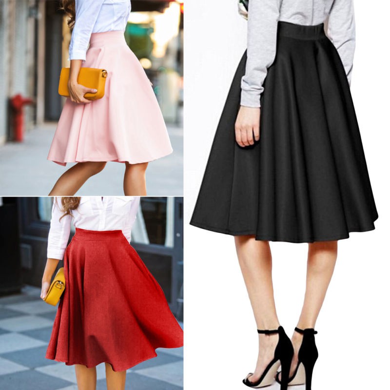 

Women High Waist Solid Pleated Skirts Womens Casual Elegant Red Black Pink Maxi Skirt -XL