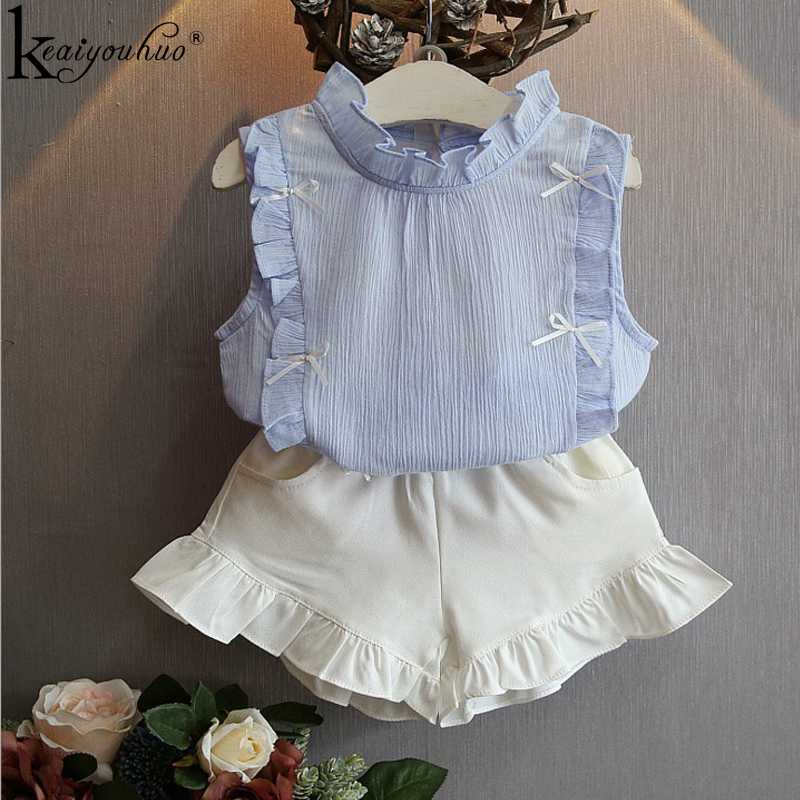 

New Kids Clothes Summer Girls Clothes Sets Bow T-Shirt+Shorts 2Pcs Outfits Suits Children Clothing Sports Suit For 3-7 Year Kids, Blue