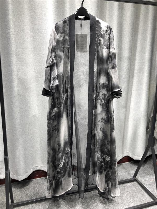 

Trench Coat Organza Black Printing Thin Temperament The Horn Sleeve Elegant Long Coat Women 2020 New Summer