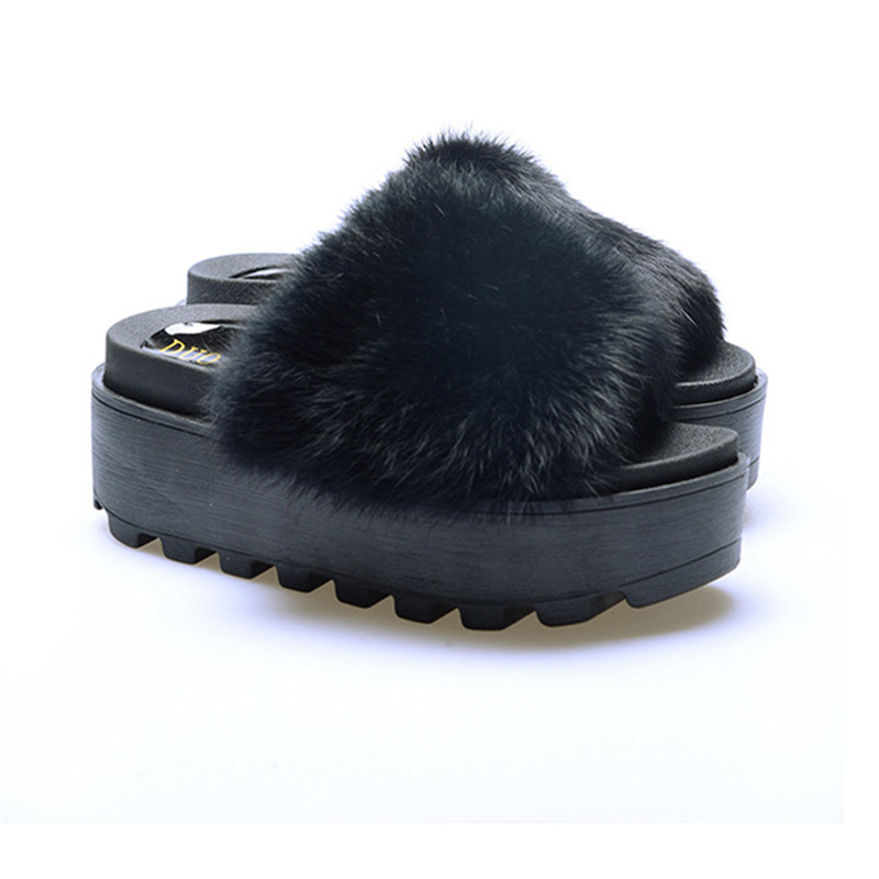 

Women Slippers Real Fur Platform Flat Shoes Thick Sole Fashion Autumn Winter Flip Flop Outdoor Non-slip Casual Solid Female, 669 gray