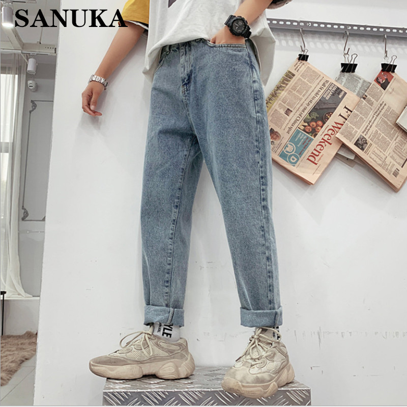 

Trendy Wild Men Korean Fashions Straight Jeans Harem Pants Denim Men Hip Hop Vintage Jeans High Waist Casual Designer Clothes, Light grey