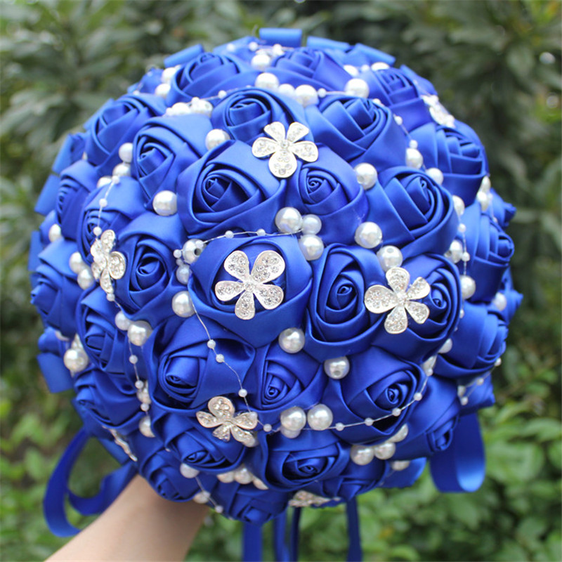 

Diamond Royal Blue Bridal Bridesmaid Bouquets Artificial Flower Satin Wedding Bouquet Beautiful Stitch Bouquet Holder W224A-5