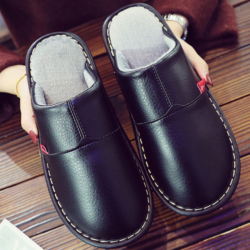 

2020 Winter PU Leather Slippers Shoes Waterproof Cotton Home Slippers Couple Non-Slip Warm Thickened Bottom Shoes Women, Black