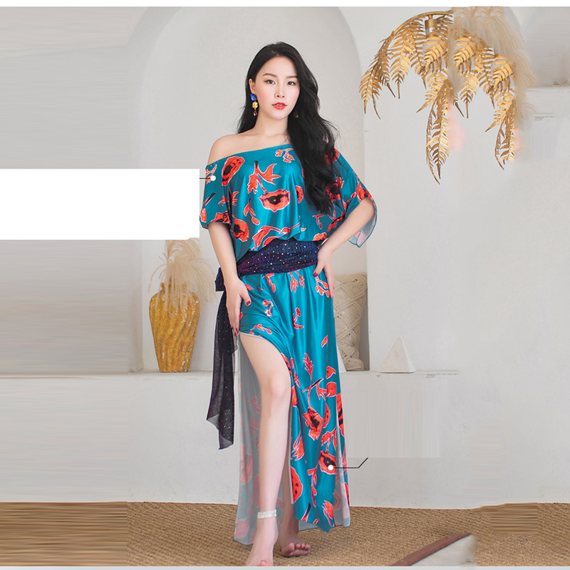 

New belly dance clothes comfortable fabrics printed skirts oriental dance robes 3-piece performance clothes professional dancers, Blue