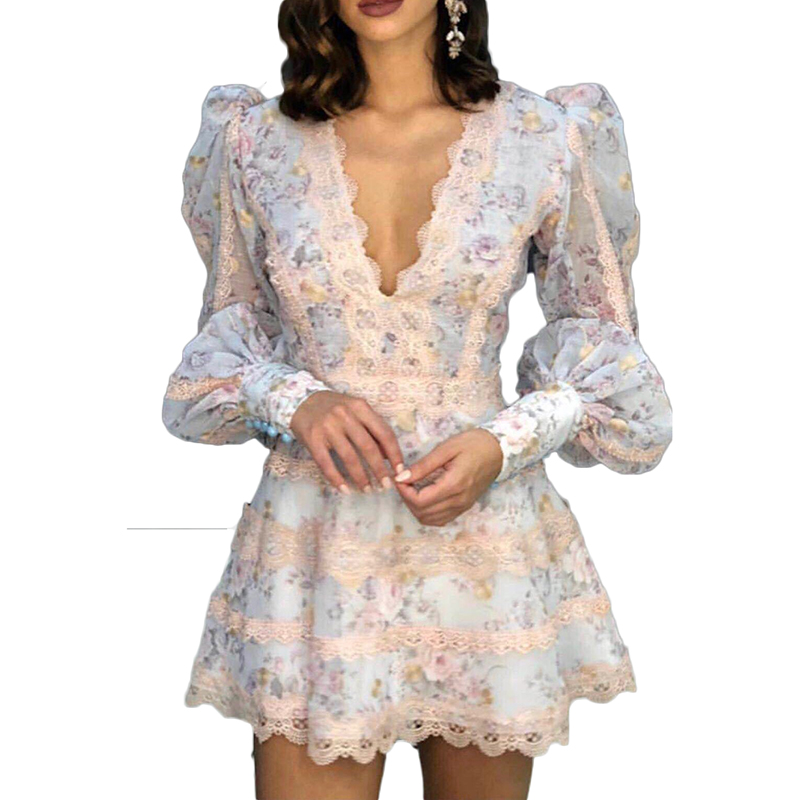 

Deep v sleeves heavy lace stitching waist for A-line print dress skirt, As picture