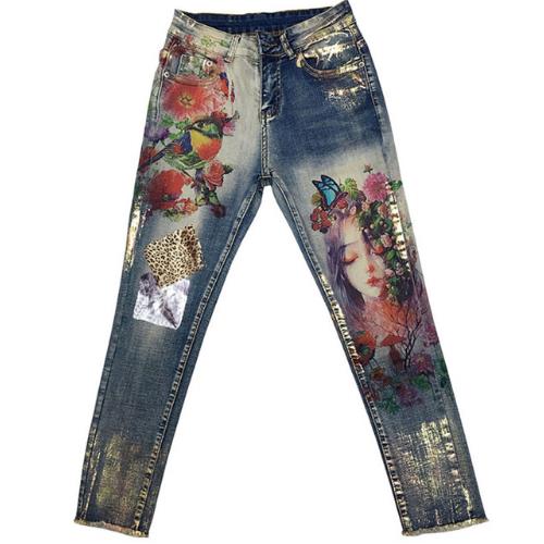 

plus size 25-32 2020 spring autumn Pencil Stretchy Jeans With 3D Flowers pattern Painted Elegant Denim Women skinny Jeans, As photo