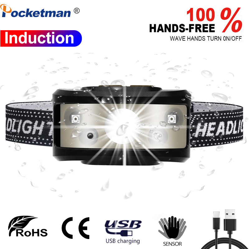 

8000lumens IR Sensor Headlight USB Rechargeable XPG Multifunction LED Headlamp Fishing Head Light Waterproof By 18650 Battery