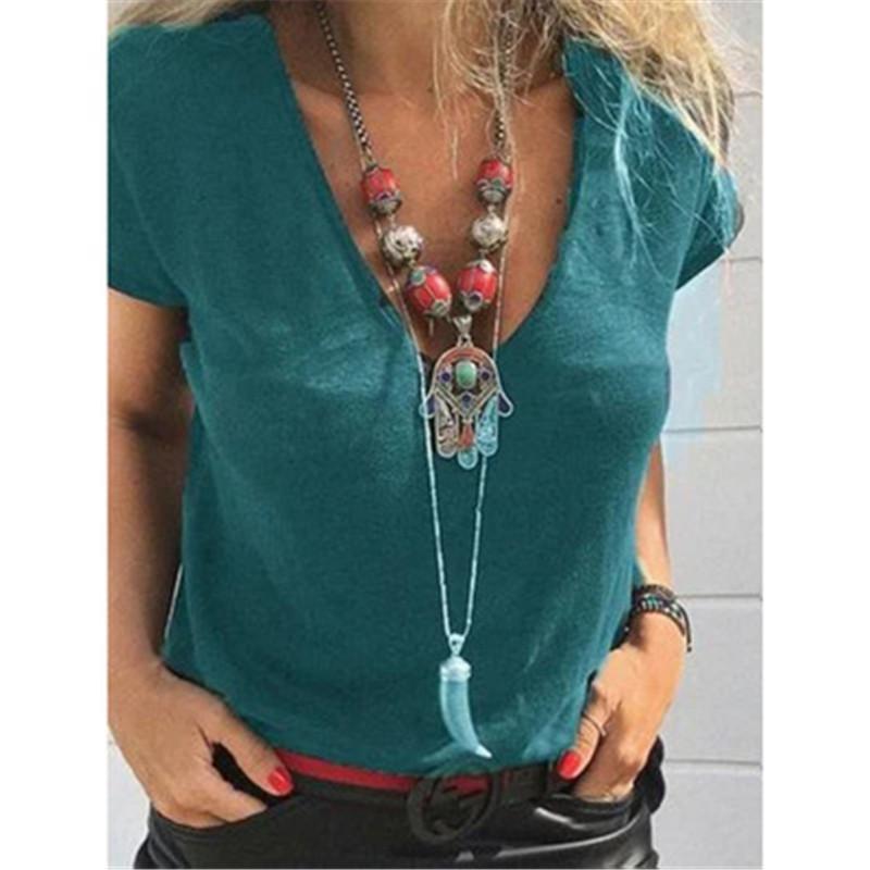 

Women Deep V Neck T-shirts Summer Ladies Fashion Trend Loose Solid Color Designer Female Spring New Short Sleeve Casual Tee Tops Clothing