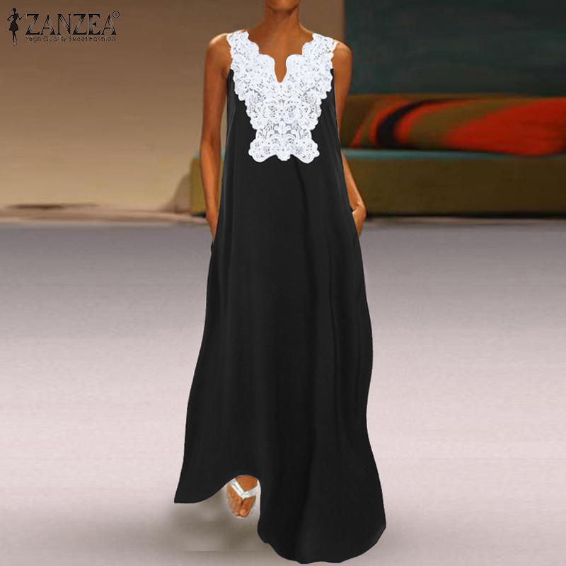 

Elegant Feminino Party Dress ZANZEA Women Lace Sleeveless Sundress Pockets Robe V-Neck Long Maxi Summer Vestidos Plus Size 5XL, Black