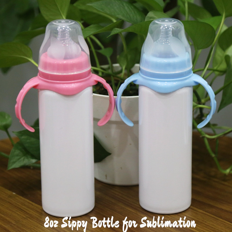 

8oz Sublimation Straight Baby Bottle sippy tumbler Blank Infant with Teat Stainless Steel Double Walled Child Cups Insulated Vacuum Water Flask, Sky blue