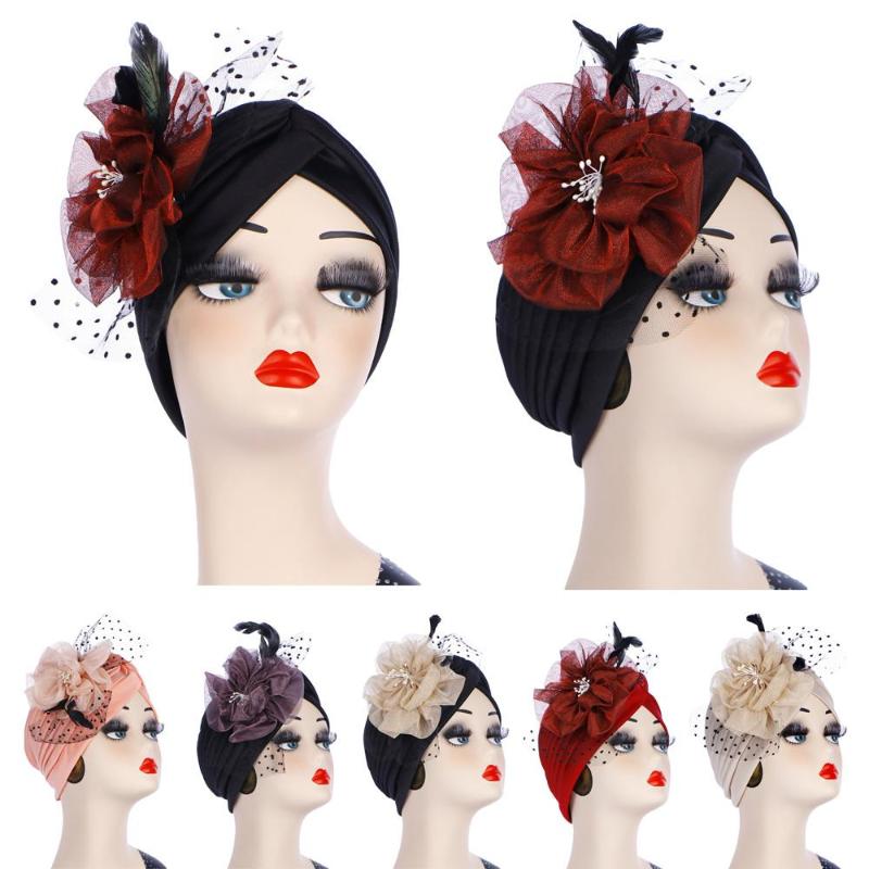 

Vintage Women Mesh Flower Cap Muslim Headwear Hat Beanie Turban Bonnet Hats Arab Islam Pleated Head Wrap Ramadan Fashion, 04 black wine red