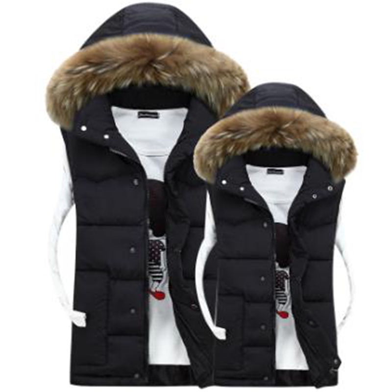 

Wholesale men's casual big fur collar couple wear winter warm thick down cotton vest, Creamy-white