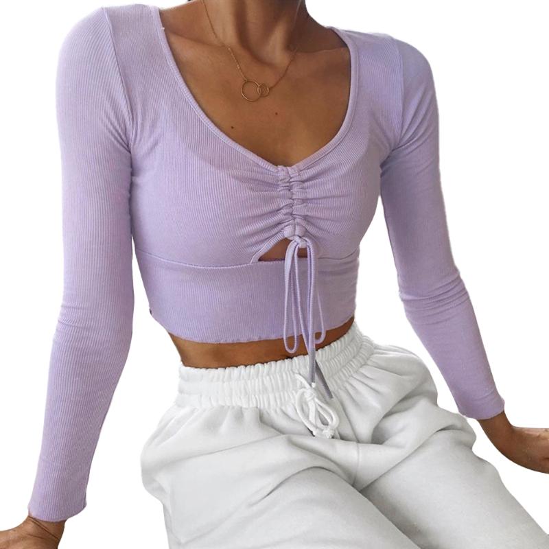 

2020 New Fashion Sexy Women Casual Knitted T-Shirts Tops V Neck Long Sleeve Cut Out Drawstring Front Crop Top, Black