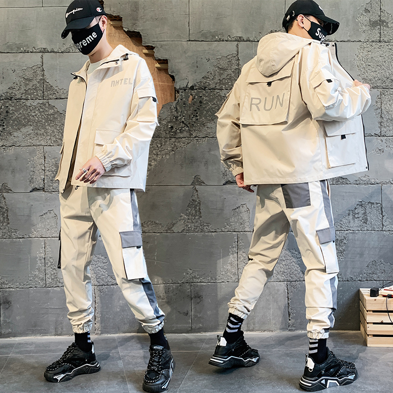 

Hip Hop Men Tracksuit Pockets Zipper Fitness Casual Men Jacket Long Sleeve Fashion Mens Sportswear Suits Streetwear, Black