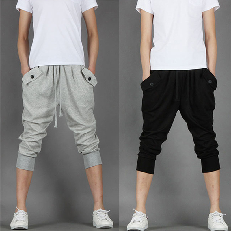 

2020 Students Fashion Summer Thin Casual Pants Black Men Joggers Sweatpants Grey Foot Strap Hip Hop Pockets Short Pencil Trouser