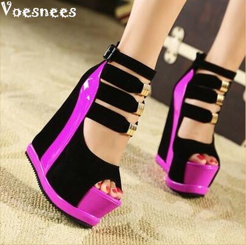 

2020 Summer Genuine Women Platform Sandals Wedges High heel 14.5cm Peep Toe Mixed Colors Sweet Woman Shoes Sexy Ladies Shoes, Black