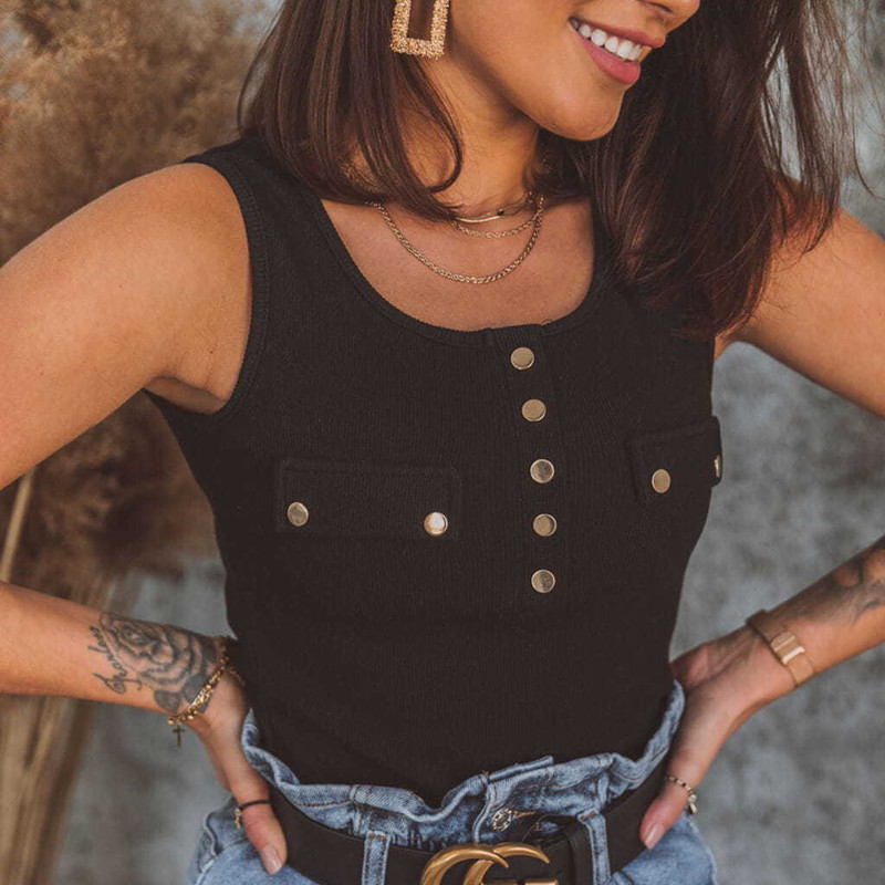 

2020 Summer T-shirts Women Knitted Cute Top Tees Female Buttoned Up O-Neck Solid Short Sleeve Casual T-shirts Vest For Female, Black