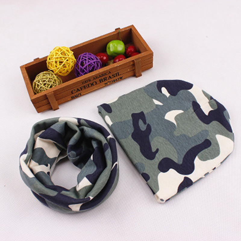 

1Set Winter Spring Kids Hat Set Camo Star Printed Boys Girls Neck Scarf Cap Cotton Warm Children Beanie Neckerchief, Design 8