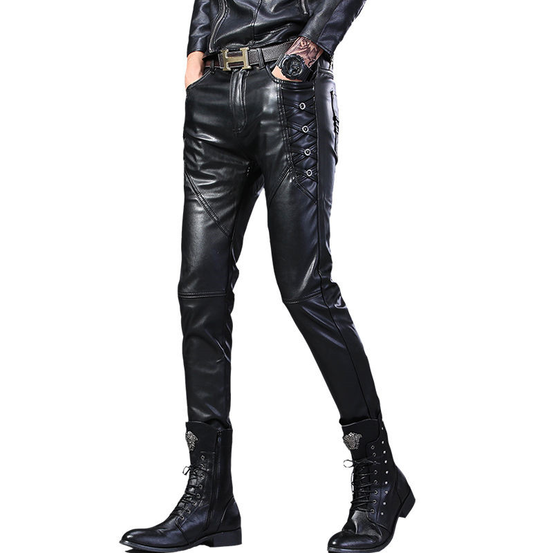 

New Winter Men's Skinny Leather Pants Fashion Faux Leather Trousers For Male Trouser Stage Club Wear MotoBiker Pants, Black