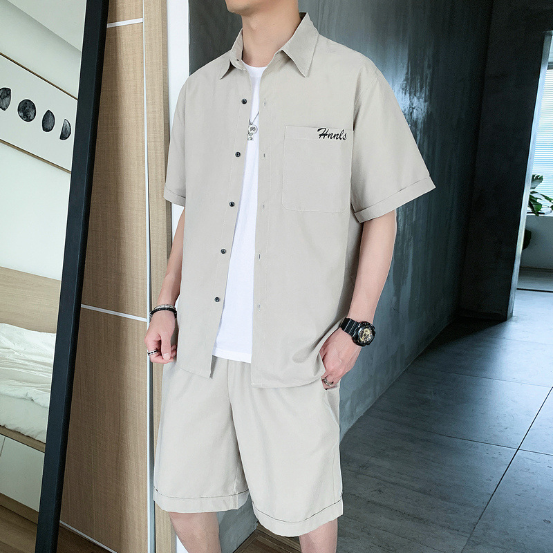 

Summer Shirt Suit Men Casual Loose Men Suit Short-Sleeved Shorts Man Two-Piece Set, Green