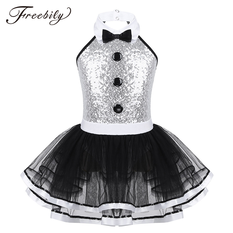 

Kids Girls Sleeveless Shiny Sequins Ballet Dance Gymnastics Leotard Mesh Tutu Dress Modern Dance Costume Ballerina Dancewear, Black