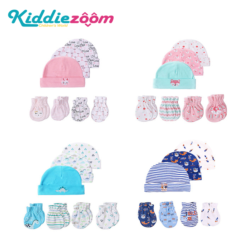 

2020 Girls Boys 0-6M Newborn Baby Soft Cotton Hat+Gloves Cartoon Unisex Infant Sleep Hat Gloves Stripe Animal Cute Blue Pink, Hp5009