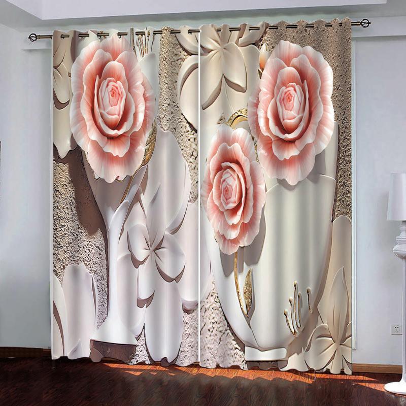 

Custom blackout curtains for living room bedroom Hand painted fresh pink roses 3d curtains window home goods curtain, As pic