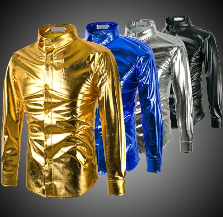 

Fashion punk shirt men long sleeve shirt teenage Gold and silver glossy mens casual clothes personality stage singer dance, Black