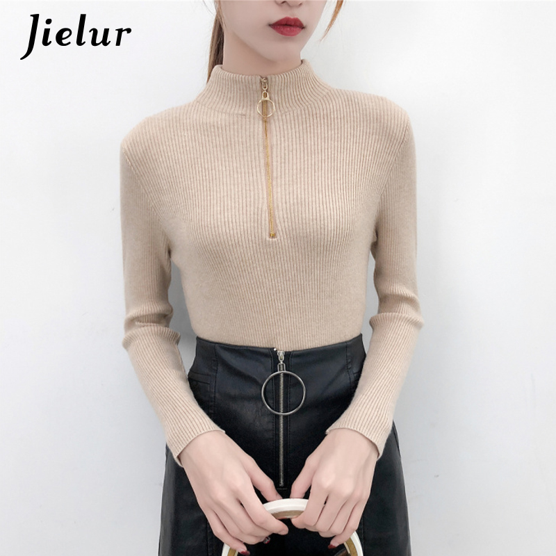 

Zipper Half Turtleneck Sweater Women Slim Autumn Winter Solid Color 2020 Sueter Mujer Basic Chic Korean Pullovers, Black