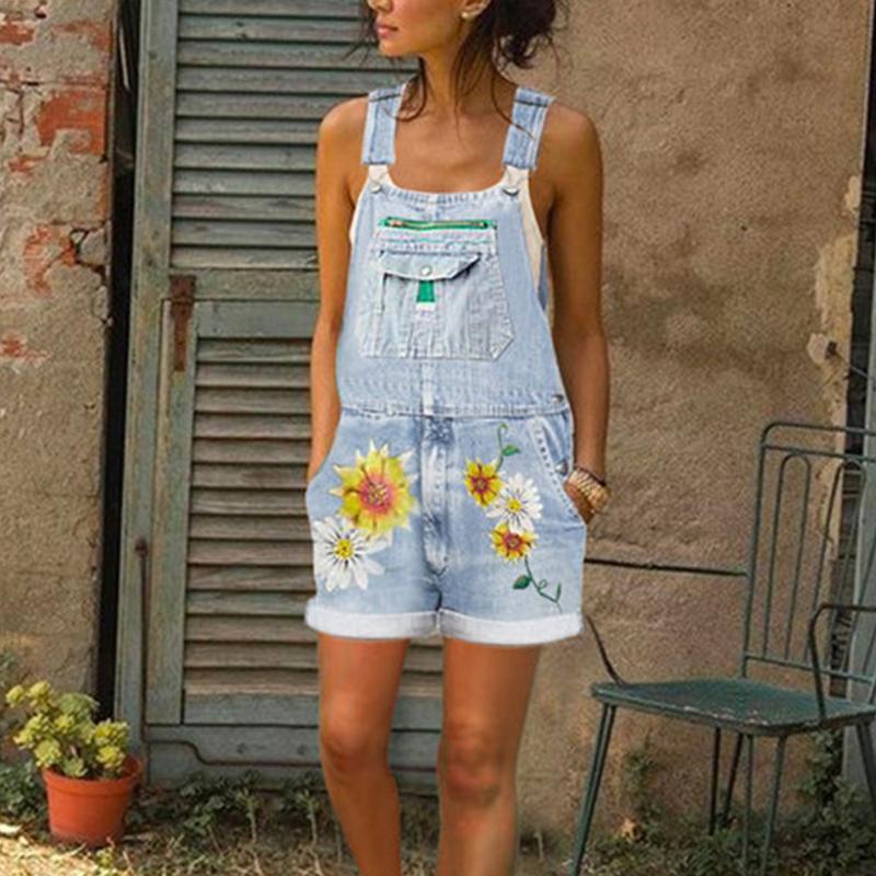 

Fshion Short Denim Jumpsuit Rompers For Women Summer Jeans Overalls Casual Shorts Playsuits Slim Floral Printed Jean, Gray