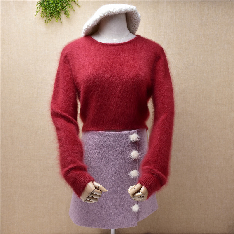 

A201 ladies women fashion short style crop top mink cashmere knitted o-neck long sleeves slim pullover angora fur jumper sweater, Body40cm chest98cm