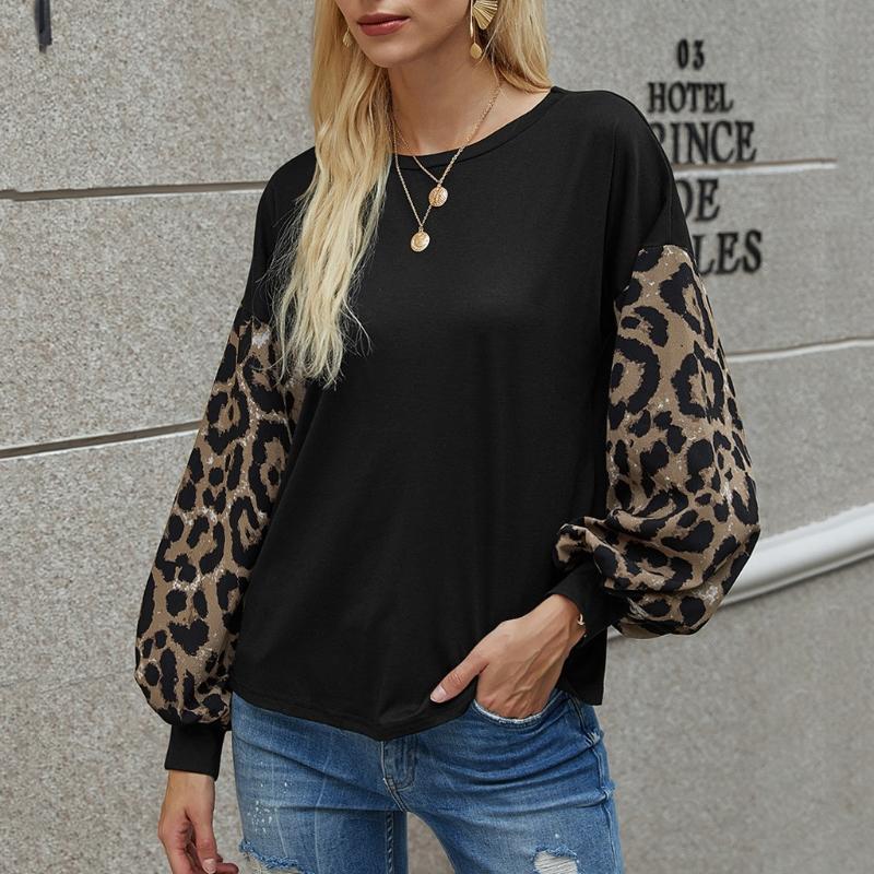 

Sweatshirts Women' Casual Fashion Womens Loose leopard Top stitch Lantern Sleeve Neck T-Shirt Top Sweatshirts 2020 Women #Z, Black