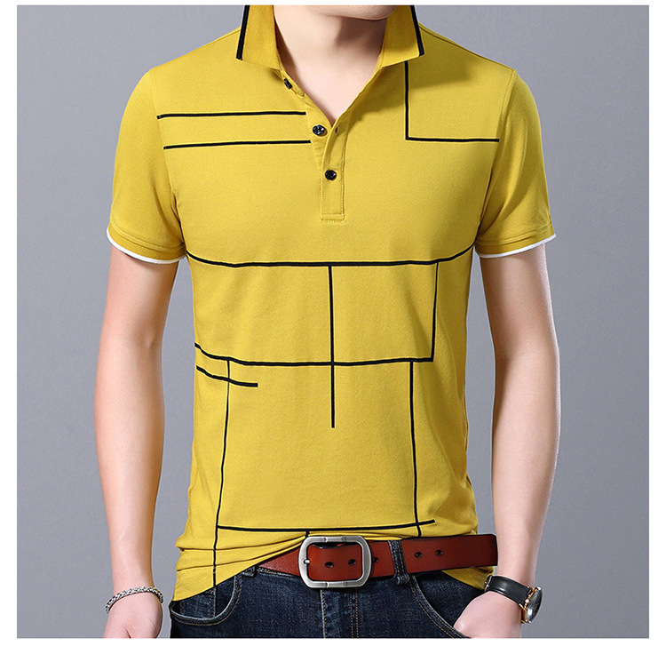 

Fashion Polo Shirt Mens Plaid Top Grade Geometric Print Summer Breathable Short Sleeve Slim Fit Boys Poloshirt Casual Men's Clothing, Gray