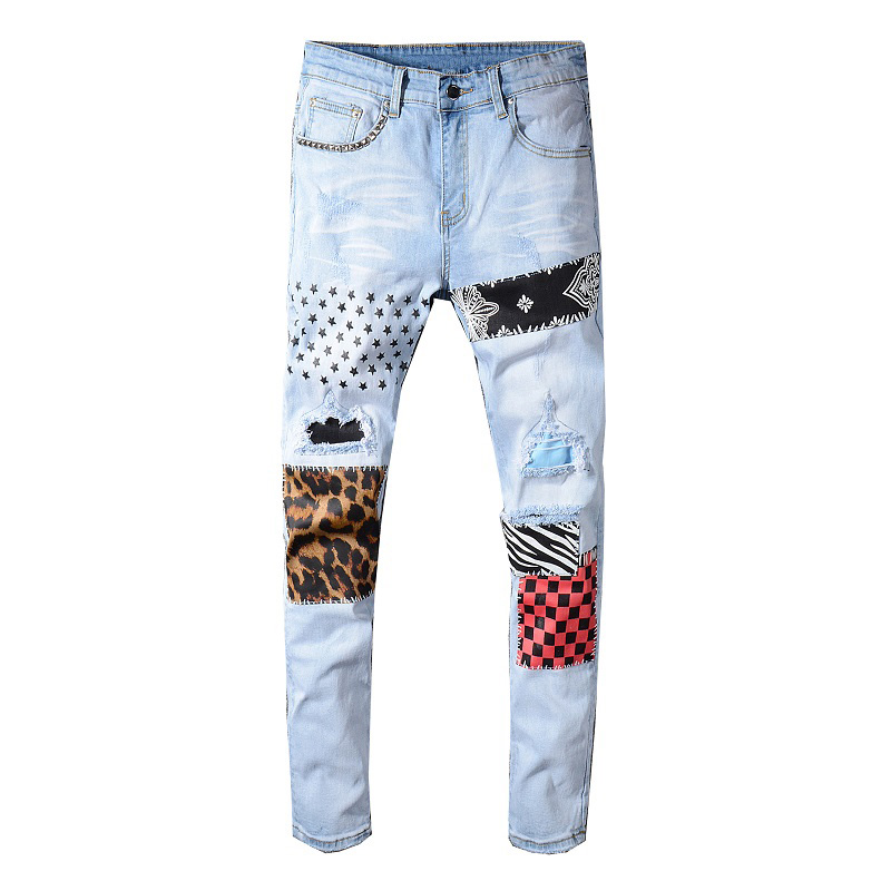 

Men's stars printed leopard patchwork rivet slim jeans Light blue holes ripped skinny stretch denim pants Trousers, Sky blue