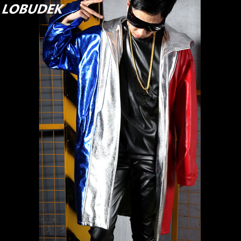 

Men Stage Costume Faux Leather Cloak Hoodie Loose Long Coat Windbreaker Bar Nightclub Rap Singer DJ HIP HOP PU Leather Overcoat