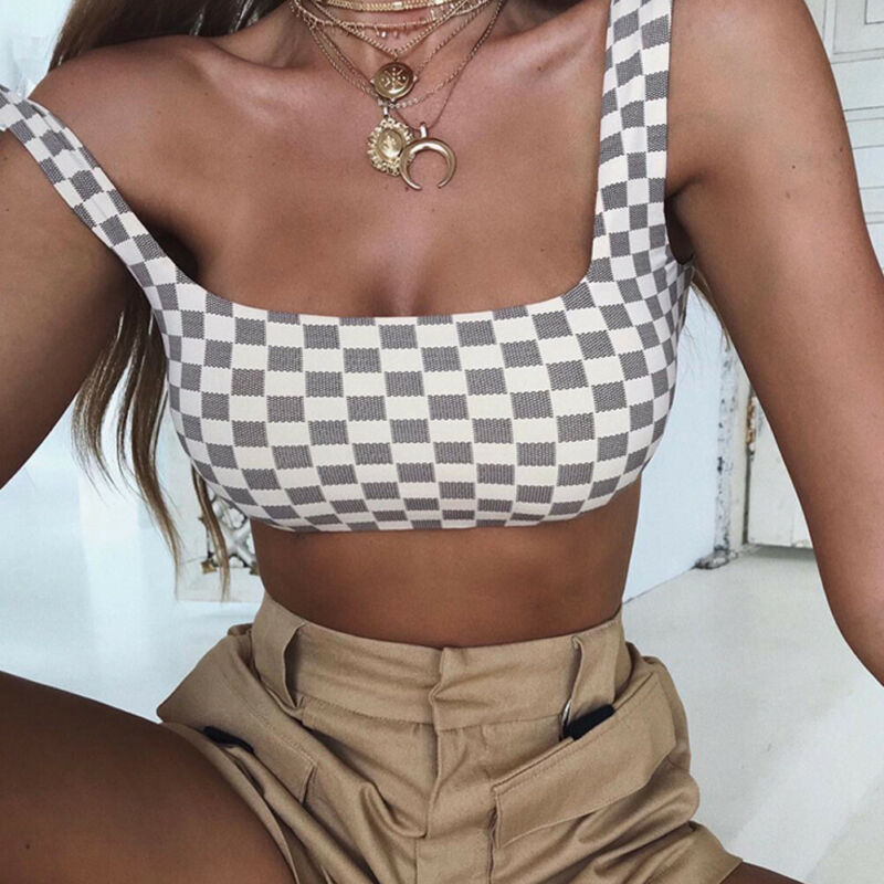 

Womens Sleeveless Camisole Vest Gray And White Plaid Stylish Summer Crop Top, Beige