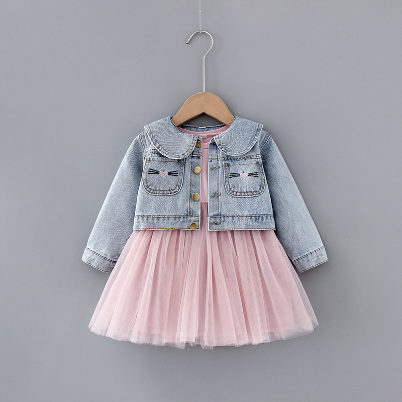 

Spring Baby Girl Cute Dress Cowboy Mesh Dress+Denim coat 2pcs sets Children Sweet Princess Dress suit Kids baby girl cloths, As pic